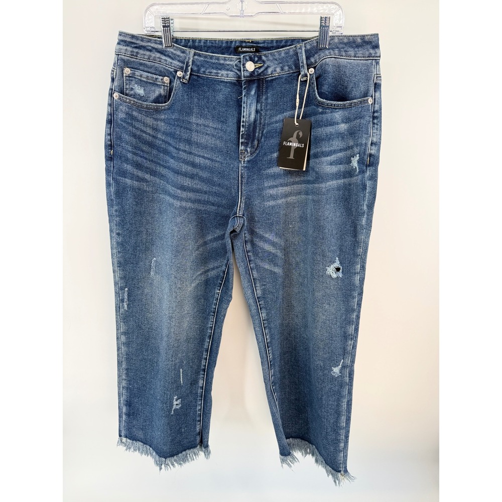 Flamingals Womens Medium Wash Distressed Frayed Hem Cropped Jeans Size 14
